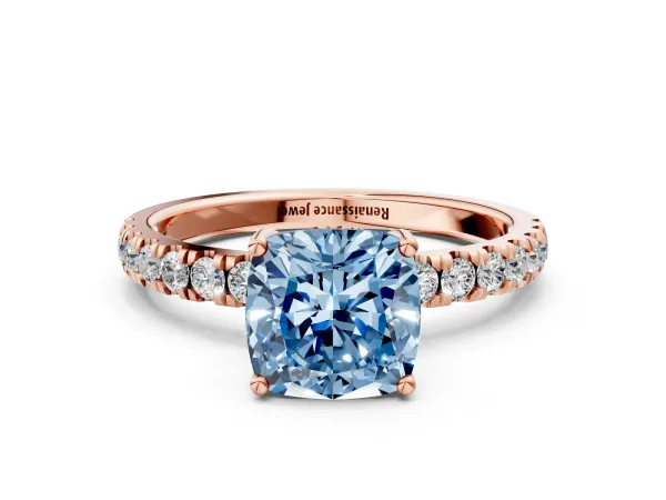 Fancy Blue Cushion Cut Diamond Pave Band Solitaire Ring with Round and Prong Setting Rose gold