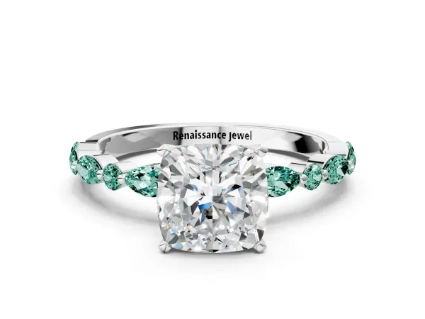 Cushion Cut Diamond Ring with Marquise and Round Green Sapphire Side Stones and Four-Prong Setting Platinum