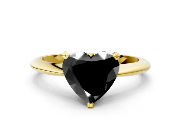 Fancy Black Heart Cut Diamond Solitaire Engagement Ring with Classic Band and Four-Prong Setting Yellow gold
