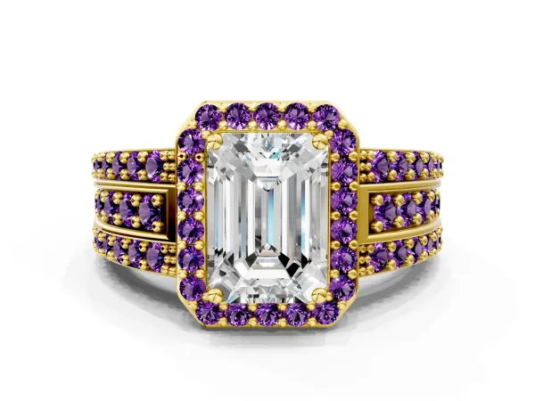 Emerald Cut Halo Diamond Ring with Round Amethyst Split Shank and Prong Setting Yellow gold