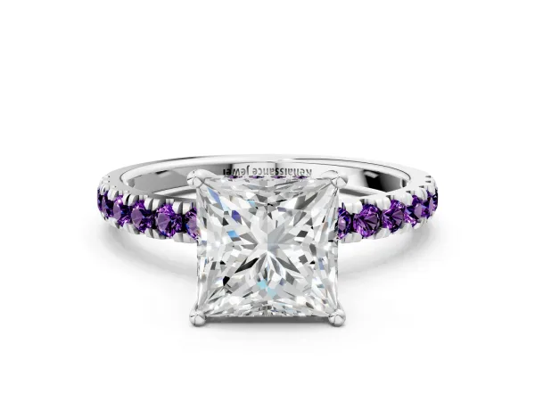 Princess Cut Diamond Pave Band Solitaire Ring with Round Amethyst and Prong Setting Silver