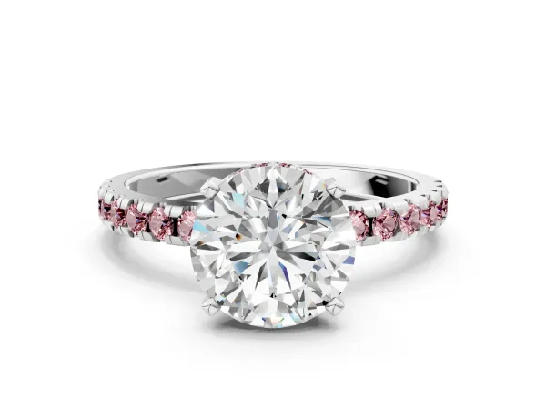 Round Cut Diamond Solitaire Ring with Round Morganite Pavé Band and Four-Prong Setting White gold