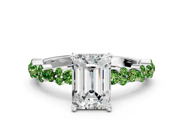 Emerald Cut Diamond Side Stone Solitaire Ring with Round Peridot and Four-Prong Setting White gold
