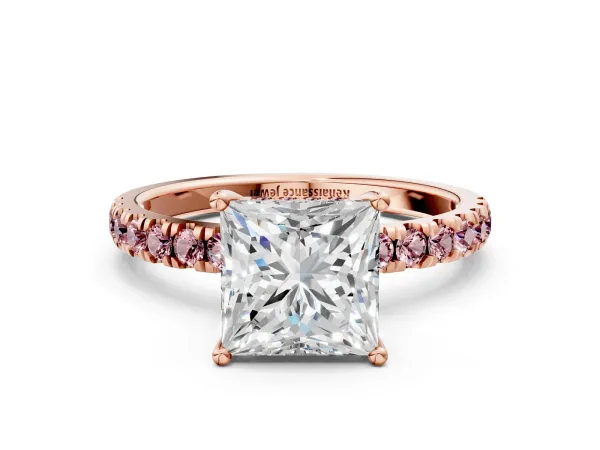 Princess Cut Diamond Pave Band Solitaire Ring with Round Morganite and Prong Setting Rose gold