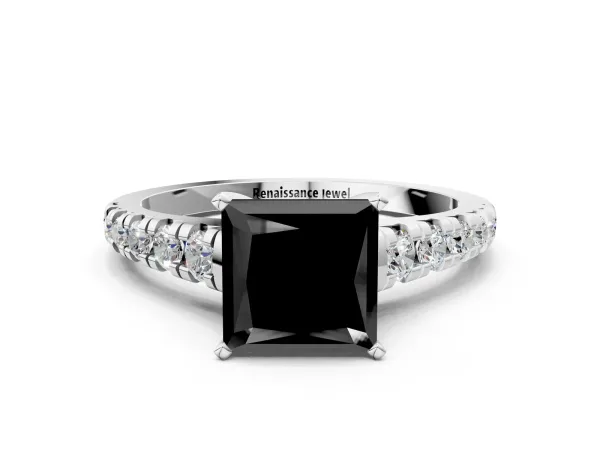 Fancy Black Princess Cut Diamond Cathedral Solitaire Ring with Round Pavé Band Platinum
