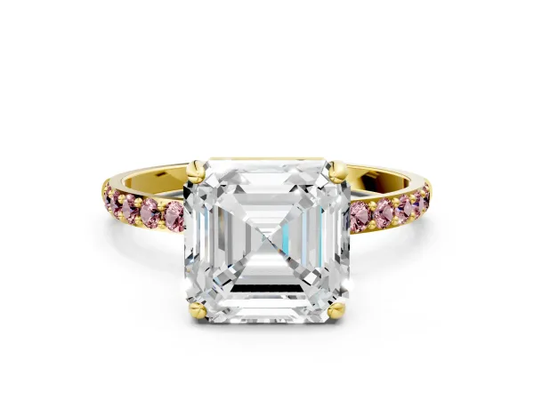Asscher Cut Diamond Solitaire Ring with Round Morganite Pavé Band and Prong Setting Yellow gold