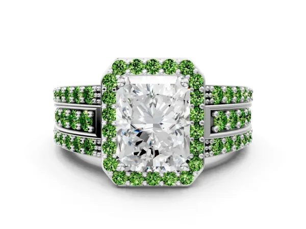 Radiant Cut Halo Diamond Ring with Round Peridot Split Shank and Prong Setting Platinum