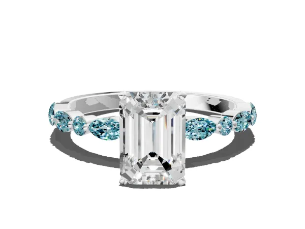 Emerald Cut Diamond Ring with Marquise and Round Blue Topaz Side Stones and Four-Prong Setting White gold