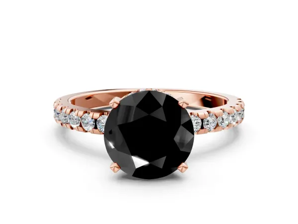 Fancy Black Round Cut Diamond Solitaire Ring with Round Pavé Band and Four-Prong Setting Rose gold
