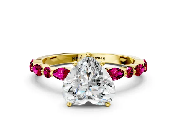 Heart Cut Diamond Ring with Marquise and Round Garnet Side Stones and Four-Prong Setting Yellow gold