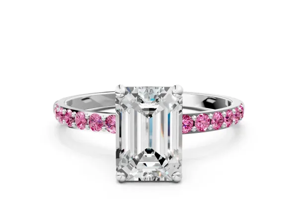 Emerald Cut Diamond Solitaire Ring with Round Pink Sapphire Pavé Band and Prong Setting Platinum