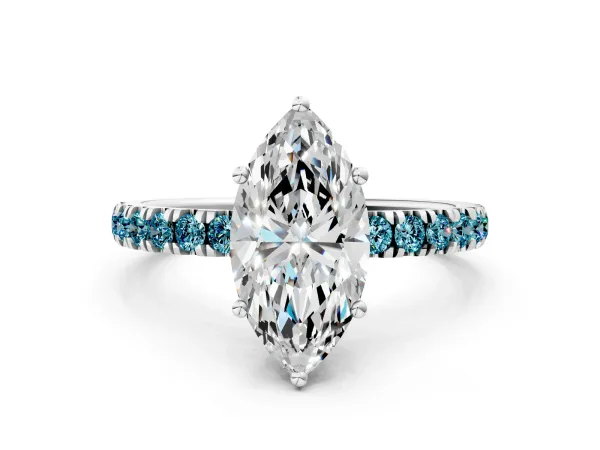 Marquise Cut Diamond Pave Band Solitaire Ring with Round Blue Topaz and Prong Setting Platinum