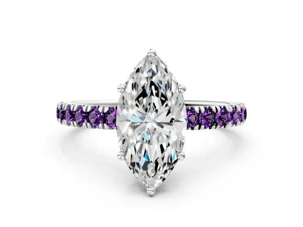 Marquise Cut Diamond Pave Band Solitaire Ring with Round Amethyst and Prong Setting Platinum