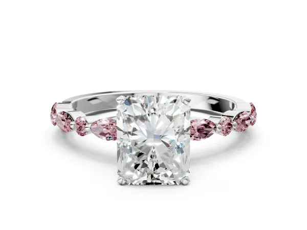 Radiant Cut Diamond Ring with Marquise and Round Morganite Side Stones and Four-Prong Setting Platinum