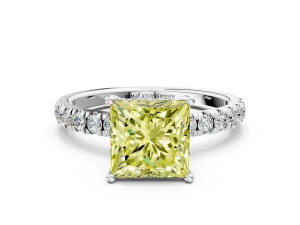Fancy Yellow Princess Cut Diamond Pave Band Solitaire Ring with Round and Prong Setting Silver