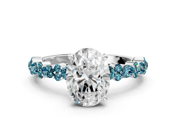 Oval Cut Diamond Side Stone Solitaire Ring with Round Blue Topaz and Four-Prong Setting White gold