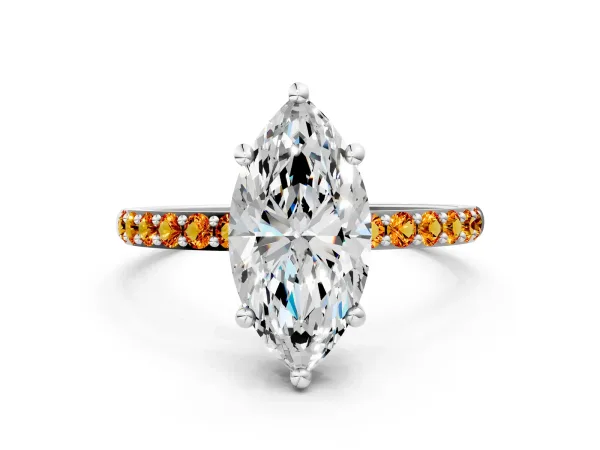 Marquise Cut Diamond Solitaire Ring with Round Citrine Pavé Band and Prong Setting Platinum