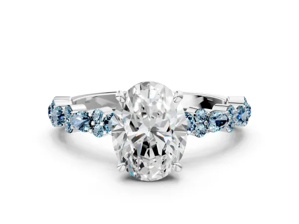 Oval Cut Diamond Side Stone Solitaire Ring with Round Aquamarine and Four-Prong Setting White gold