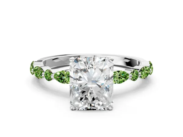 Radiant Cut Diamond Ring with Marquise and Round Peridot Side Stones and Four-Prong Setting Platinum