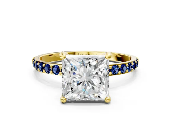 Princess Cut Diamond Solitaire Ring with Round Blue Sapphire Pavé Band and Prong Setting Yellow gold