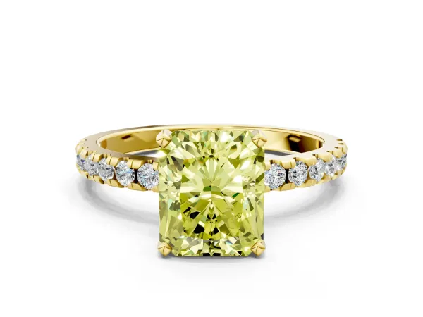 Fancy Yellow Radiant Cut Diamond Solitaire Ring with Round Pavé Band and Four-Prong Setting Yellow gold