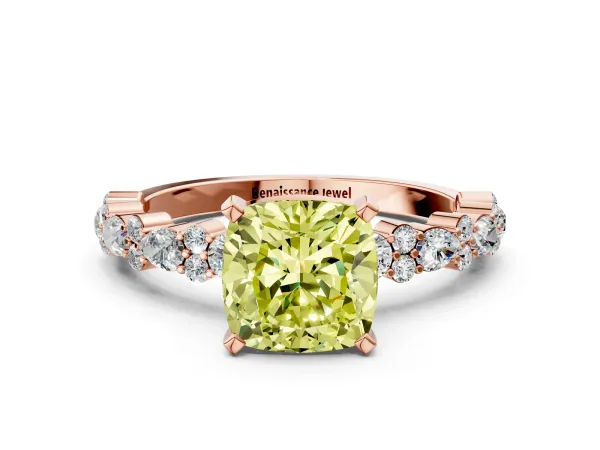 Fancy Yellow Cushion Cut Diamond Side Stone Solitaire Ring with Round and Four-Prong Setting Rose gold