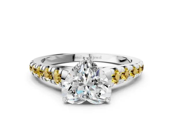 Heart Cut Diamond Cathedral Solitaire Ring with Round Yellow Sapphire Pavé Band Platinum