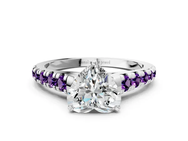Heart Cut Diamond Cathedral Solitaire Ring with Round Amethyst Pavé Band Platinum