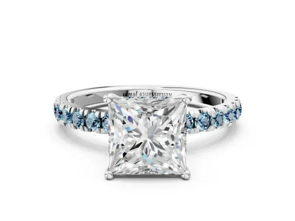 Princess Cut Diamond Pave Band Solitaire Ring with Round Aquamarine and Prong Setting Silver
