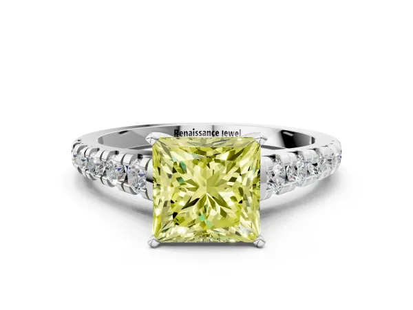 Fancy Yellow Princess Cut Diamond Cathedral Solitaire Ring with Round Pavé Band Platinum