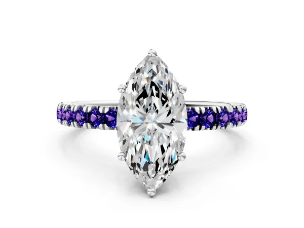 Marquise Cut Diamond Pave Band Solitaire Ring with Round Tanzanite and Prong Setting Platinum