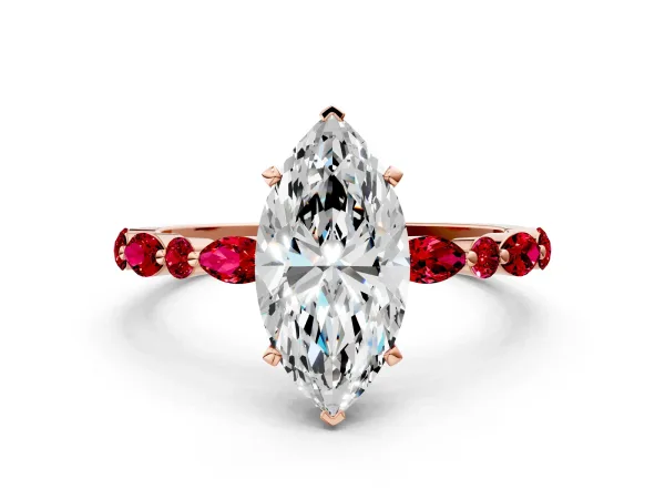 Marquise Cut Diamond Ring with Marquise and Round Ruby Side Stones and Four-Prong Setting Rose gold