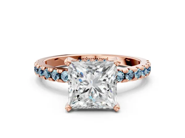 Princess Cut Diamond Solitaire Ring with Round Aquamarine Pavé Band and Four-Prong Setting Rose gold