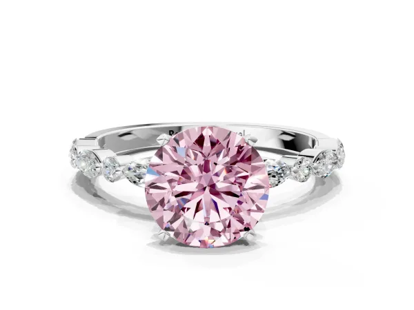 Fancy Pink Round Cut Diamond Ring with Marquise and Round Side Stones and Four-Prong Setting White gold