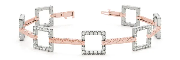 Square Diamond Pavé Link Bracelet with Textured Band and Four-Prong Setting Rose gold
