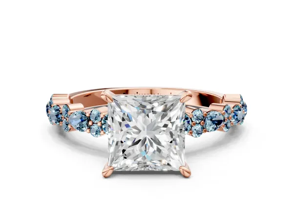 Princess Cut Diamond Side Stone Solitaire Ring with Round Aquamarine and Four-Prong Setting Rose gold