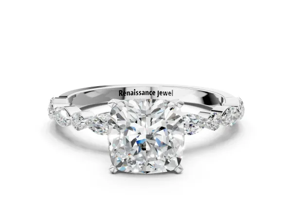 Cushion Cut Diamond Ring with Marquise and Round Moissanite Side Stones and Four-Prong Setting Platinum