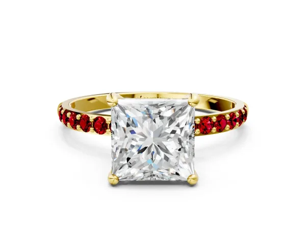 Princess Cut Diamond Solitaire Ring with Round Ruby Pavé Band and Prong Setting Yellow gold