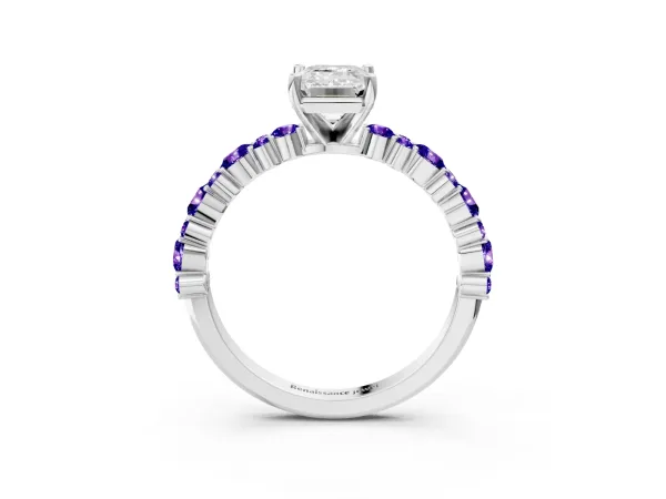 Emerald Cut Diamond Side Stone Solitaire Ring with Round Tanzanite and Four-Prong Setting Platinum