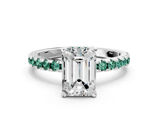 Emerald Cut Diamond Solitaire Ring with Round Green Sapphire Pavé Band and Four-Prong Setting White gold