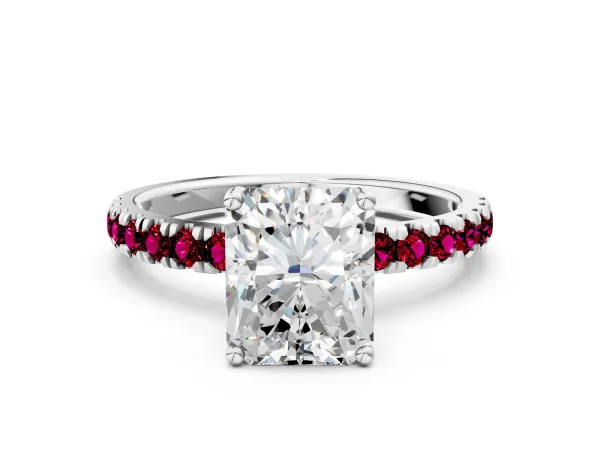 Radiant Cut Diamond Pave Band Solitaire Ring with Round Garnet and Prong Setting Platinum