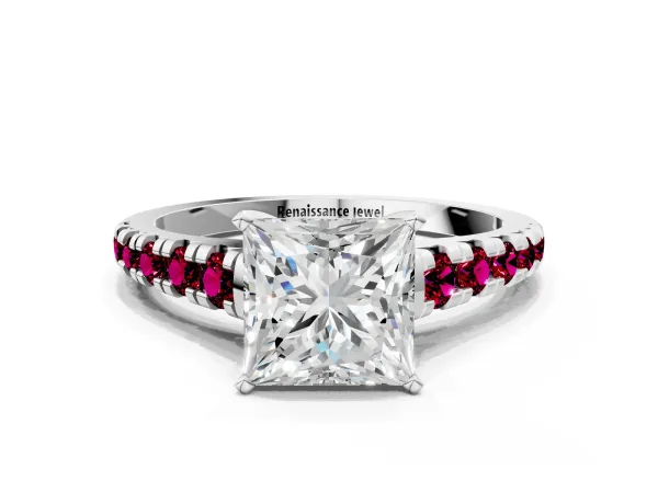 Princess Cut Diamond Cathedral Solitaire Ring with Round Garnet Pavé Band Platinum