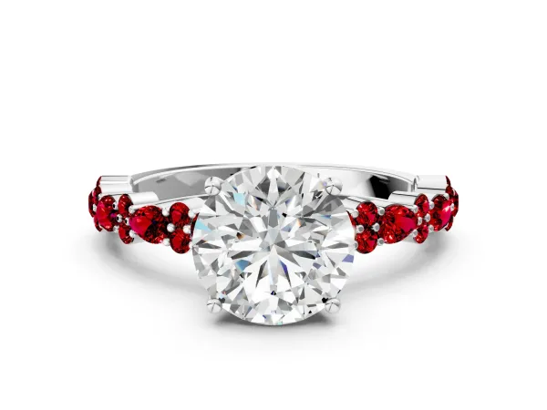 Round Cut Diamond Side Stone Solitaire Ring with Round Ruby and Four-Prong Setting White gold
