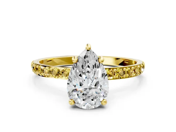 Pear Cut Diamond Solitaire Ring with Round Yellow Sapphire Pavé Band and Prong Setting Yellow gold