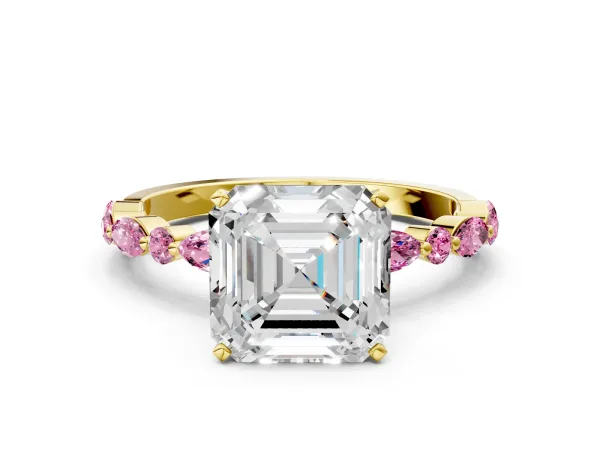 Asscher Cut Diamond Ring with Marquise and Round Pink Sapphire Side Stones and Four-Prong Setting Yellow gold