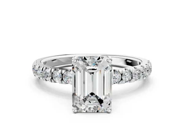 Emerald Cut Diamond Pave Band Solitaire Ring with Round and Prong Setting Platinum