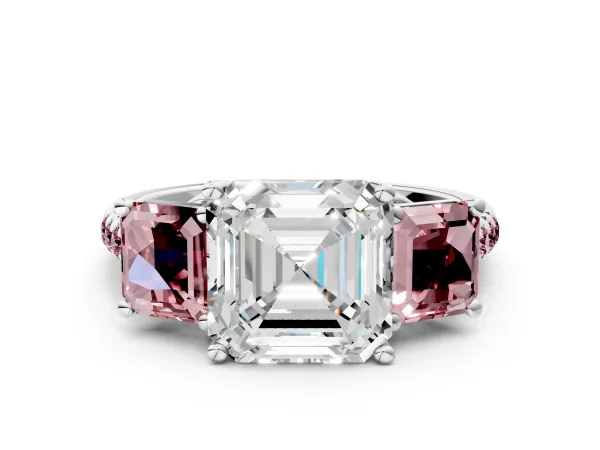 Three-Stone Asscher Cut Diamond Ring with Round Morganite Pavé Band and Prong Setting White gold