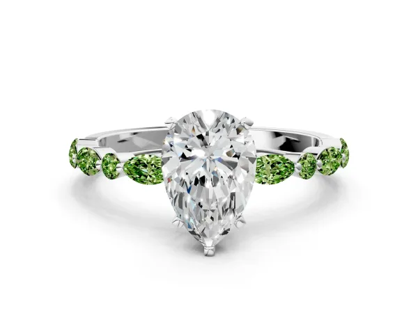 Pear Cut Diamond Ring with Marquise and Round Peridot Side Stones and Four-Prong Setting White gold