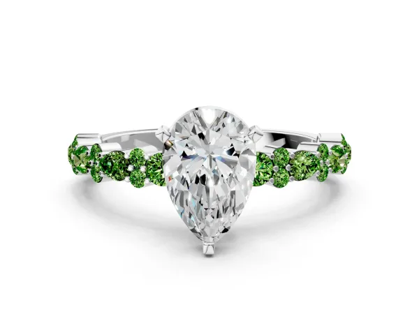 Pear Cut Diamond Side Stone Solitaire Ring with Round Peridot and Four-Prong Setting Platinum