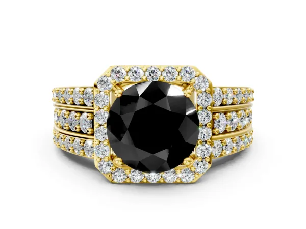 Fancy Black Round Cut Halo Diamond Ring with Round Split Shank and Prong Setting Yellow gold